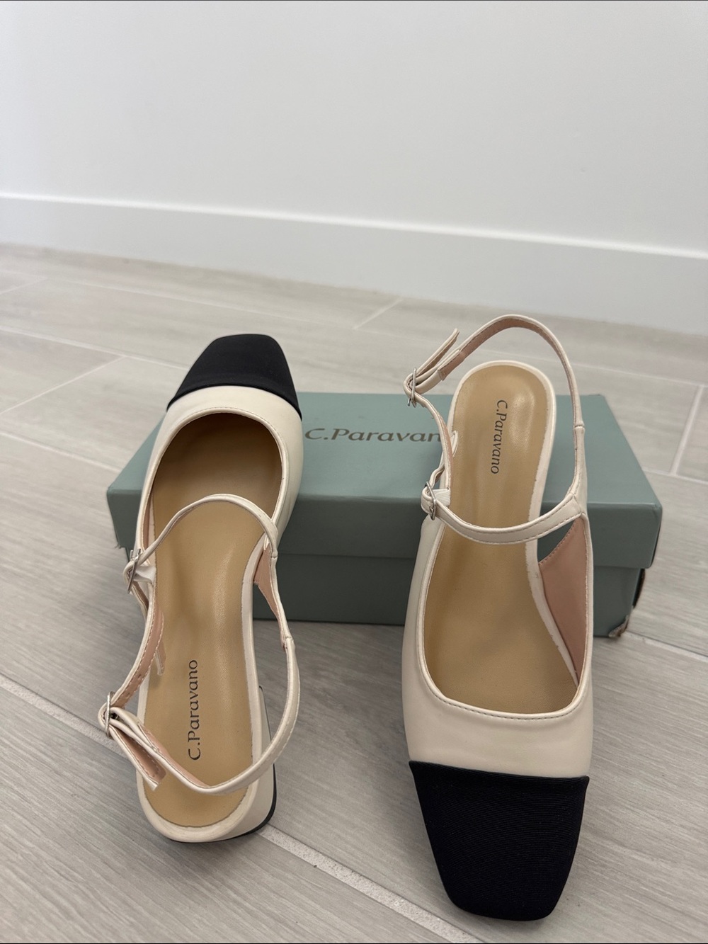 C.Paravano Cream and Black Slingback Flats